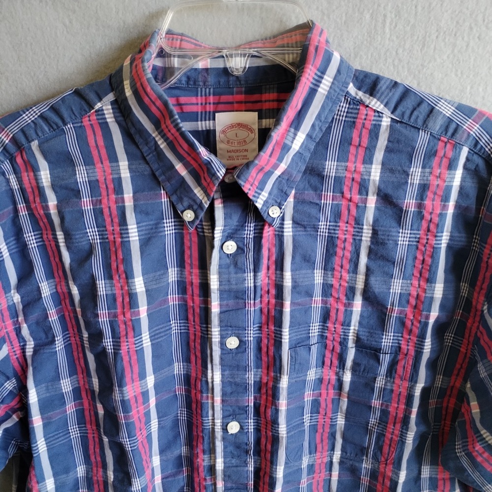 Brooks Brothers Shirt Mens Large Madison Short Sleeve Plaid Seersucker Blue Pink